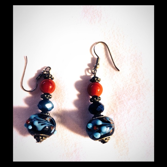 Blue & Red Beaded Ear rings