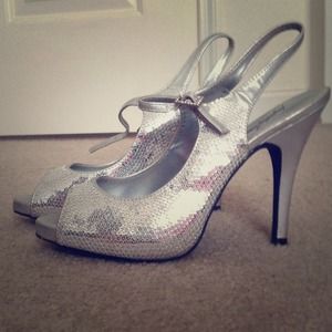 Silver sequin sling back open toe heels