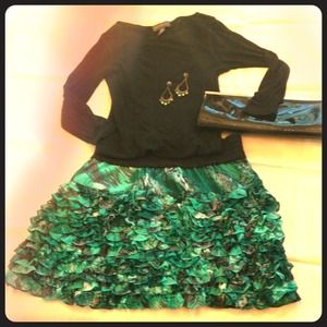 Green & Black Ruffle Mini Skirt