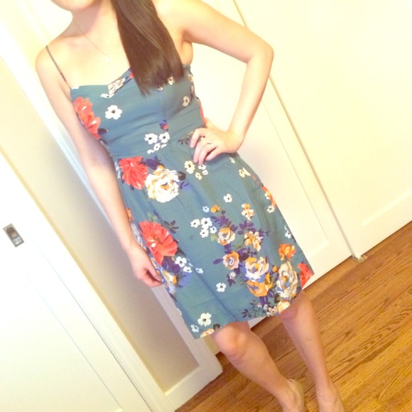 Anthropologie Teal floral silk dress