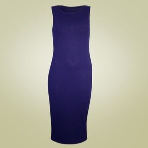 Form fitting blue sleeveless dress
