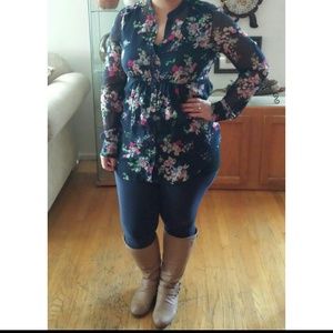 🌻 Express Navy Floral Chiffon Button Down Tunic