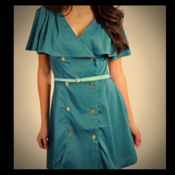 Teal Wide Collar Princess Slim Belted Coat Dress
