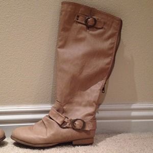 Tan Up-To-Knee Boots with Buckles