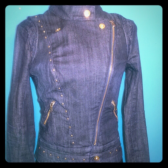 Embellished denim motorcycle jacket