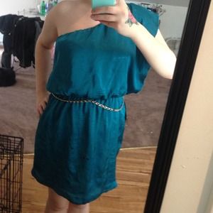 Teal one shoulder dress with gold belt!