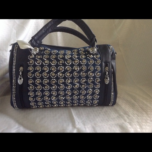 Rhinestones studded navy blue handbag