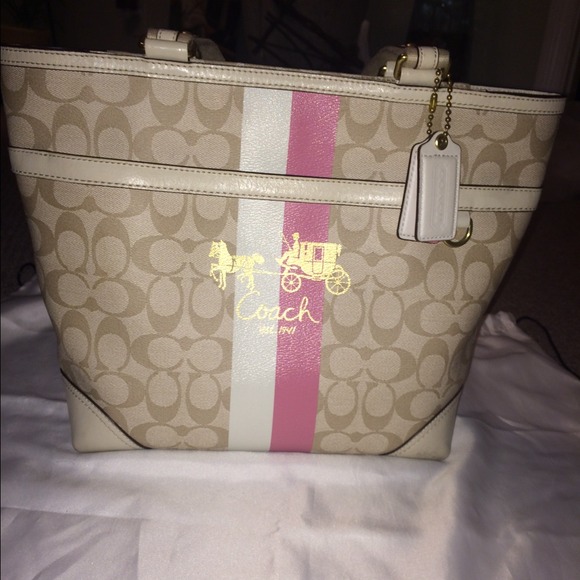 Coach Handbags - Coach heritage tote pink&white stripe