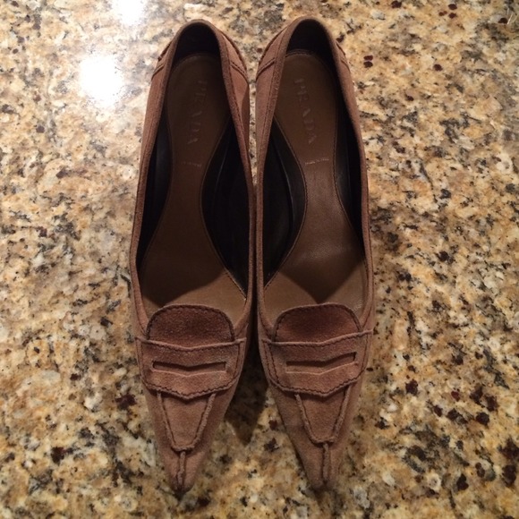 Prada pointed toe taupe brown suede loafer heels