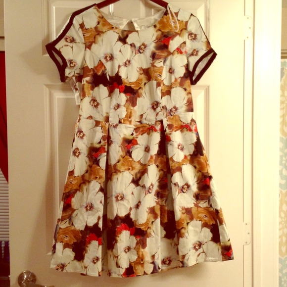 Cream/Brown Floral Short Sleeve Dress