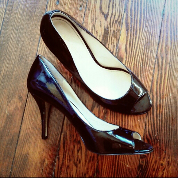 Enzo Angiolini black patent peeptoe pumps