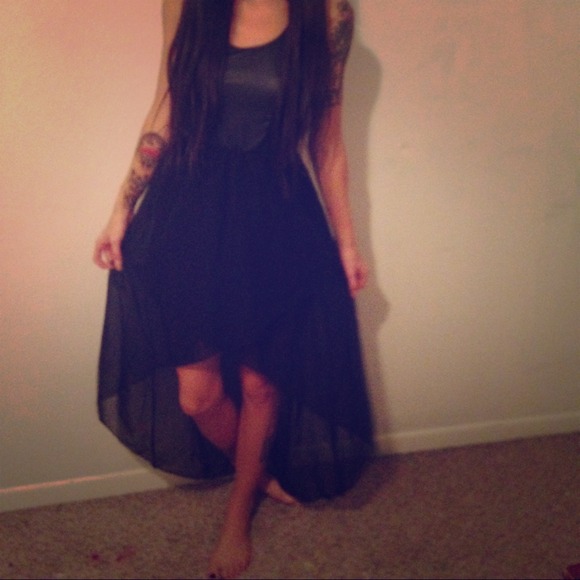 Leather & chiffon hi lo dress