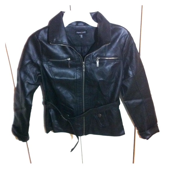 Black Leather Look Belted Jacket.