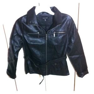 Black Leather Look Belted Jacket.