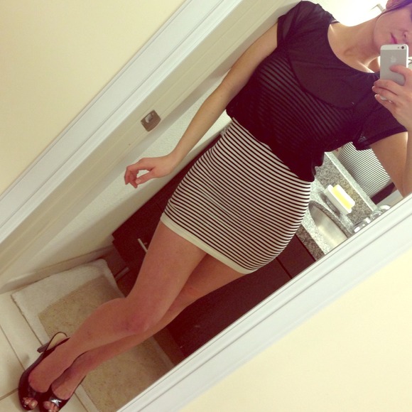Bebe b&w stripe dress -w/ black sheer overlay top - Picture 1 of 4