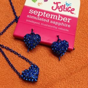 Simulated Sapphire Heart Earrings & Necklace