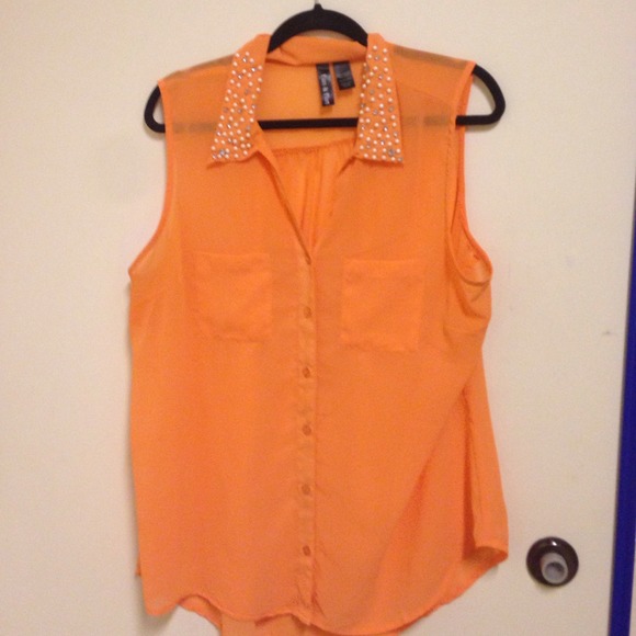 Orange, sheer, collared shirt
