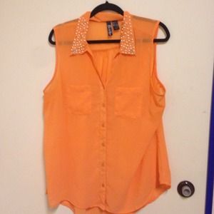 Orange, sheer, collared shirt