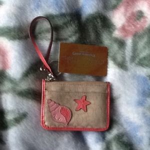 Coral & khaki Coach card wristlet, keychain