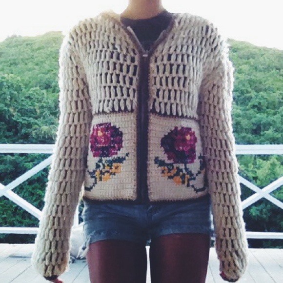 Free People Crocheted Floral Wool Zip-Up Hoodie