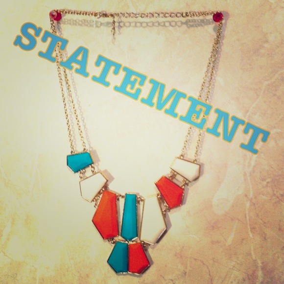 Teal orange and white Geometric statement necklace