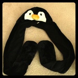 Fuzzy penguin hat with attached mittens