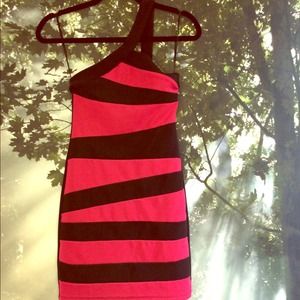 Asymmetric Strap Bodycon Dress in Pink and Black