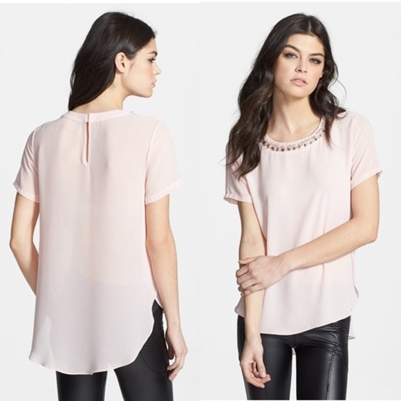ASTR Tops - Embellished Neck Chiffon Tee