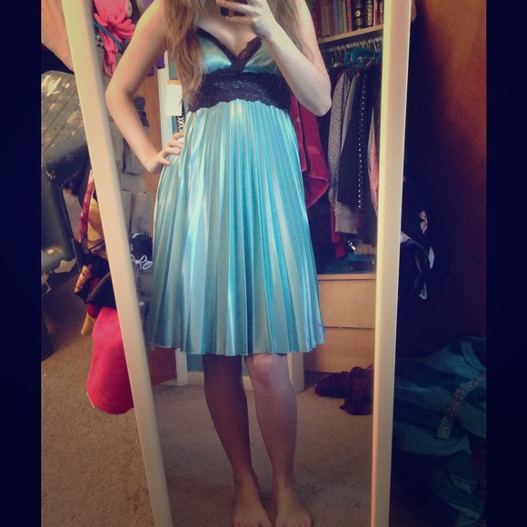 Teal Silky Dress w/ Chocolate Lace Trim