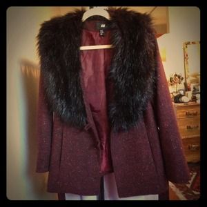 Burgundy coat with fur collar