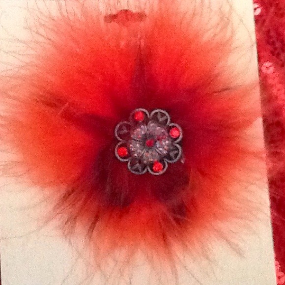 Red fur/rhinestone broach pin