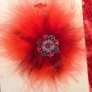 Red fur/rhinestone broach pin
