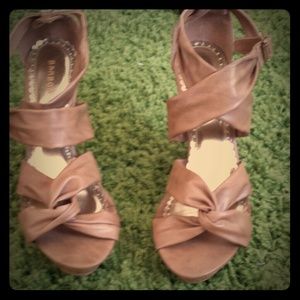 Tan faux leather wedges
