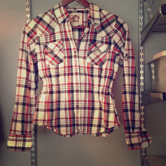 Rustic plaid red/black/white collared shirt - M