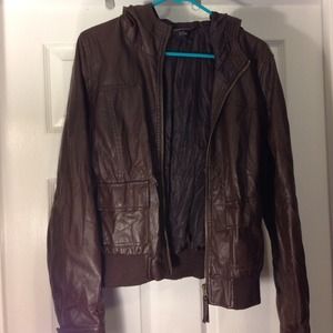 Hooded faux leather jacket.