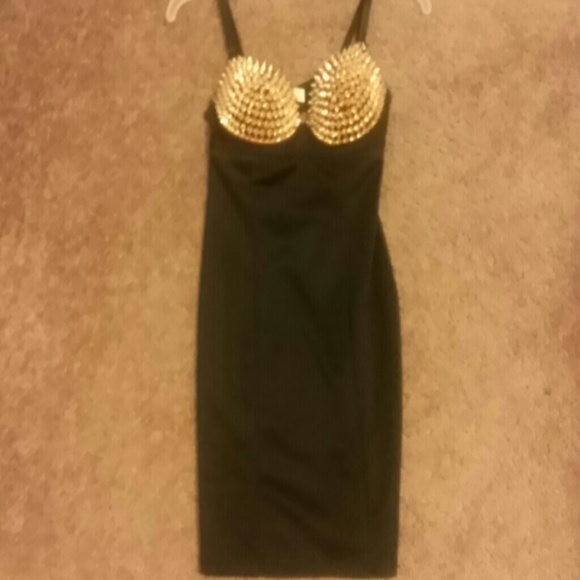 spiked black dress Black crpe dress, featuring gold spike embroidery and a side slit