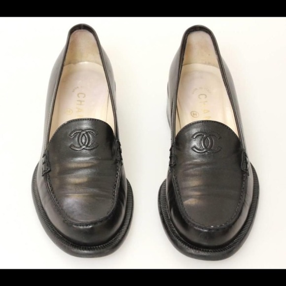 CHANEL Shoes - Chanel black leather logo embroidered loafers