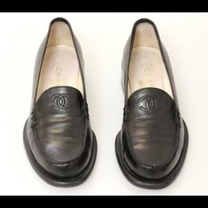 Chanel black leather logo embroidered loafers