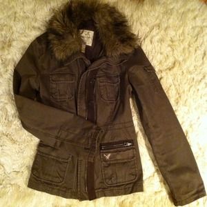 American Eagle Women Brown Jacket w/ Fur Trim