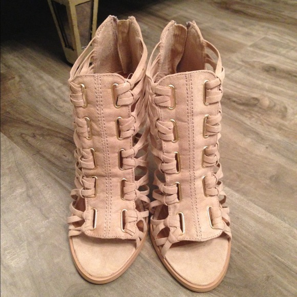 Suede peeptoe booties with zipper back