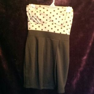 Champagne & black polka dot strapless dress