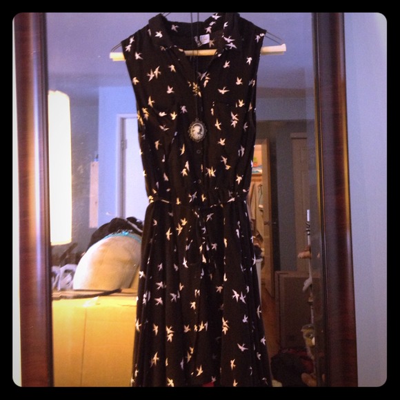 Cute black button down dress with bird pattern