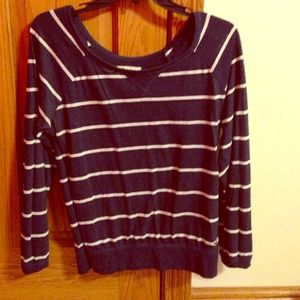 long sleeve blue and white striped shirt.