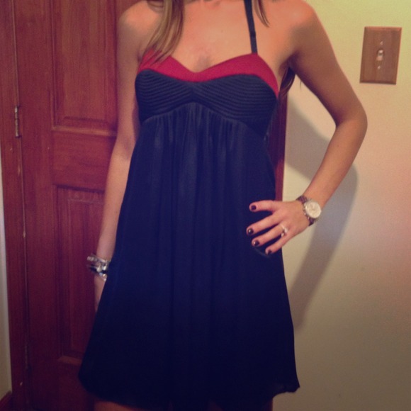 Navy Halter  Dress with red detail.