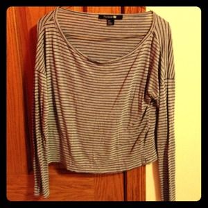 grey & blue striped with 3 quarter length sleeve.