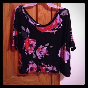 short sleeve black top with pink red &grey floral.