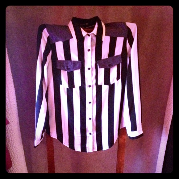 MIXED MEDIA STRIPED DENIM TOP