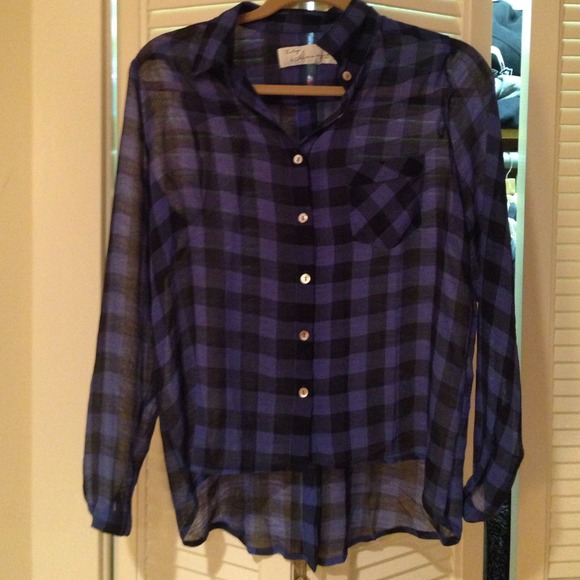 Blue plaid button up sheer shirt