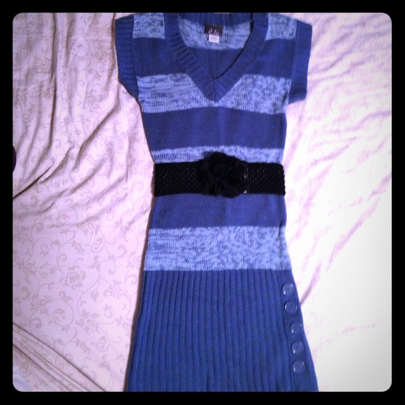 Blue and blue-grey striped sweater dress