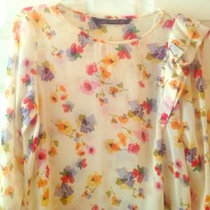 Zara floral print ruffle shoulder sheer top
